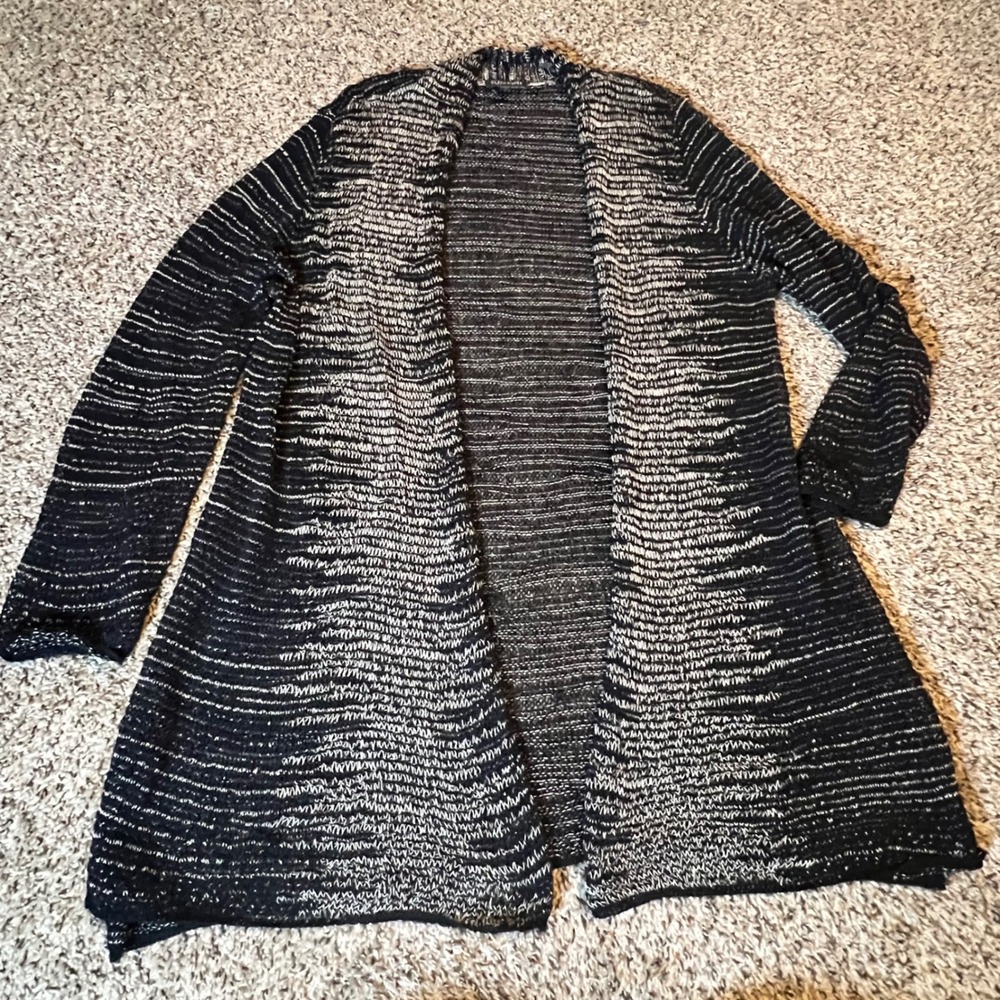 Eileen Fisher XL Wool Linen Open Front Cardigan Black White‎ Italian Yarn